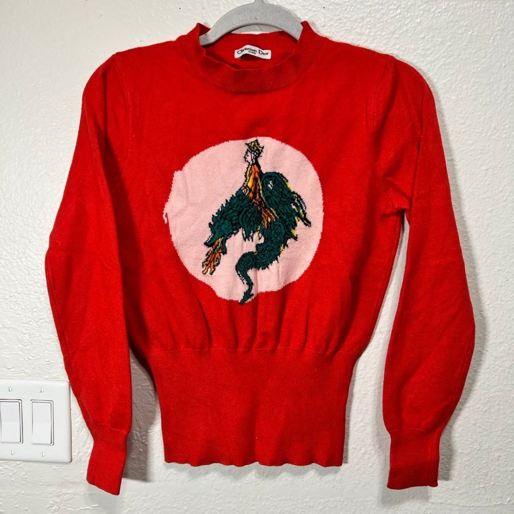 CHRISTIAN DIOR 100% cotton red embroidery Princess Dragon sweater FR34 XS